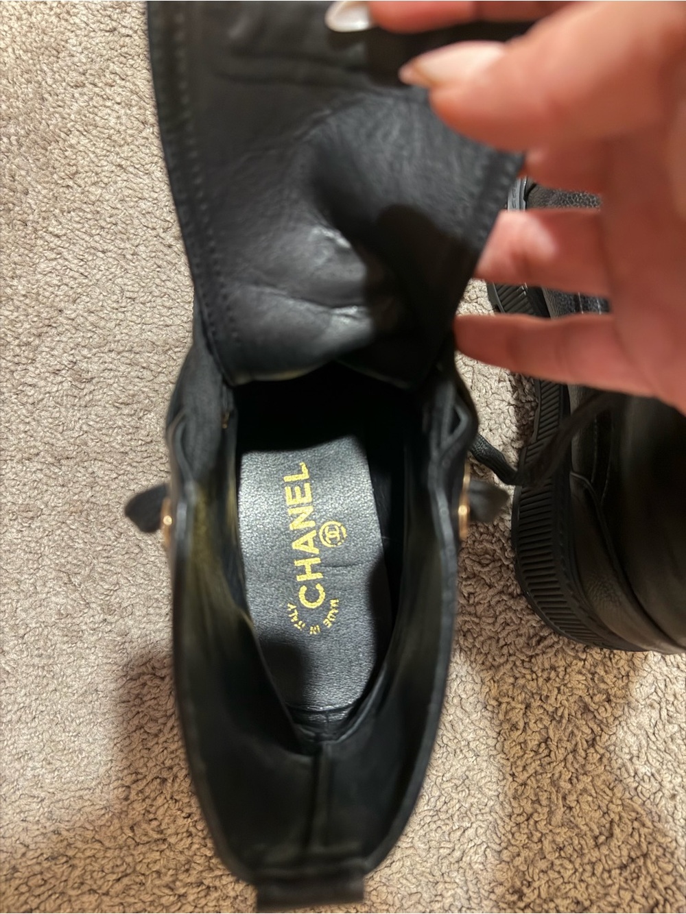 Chanel Black Leather Combat Boots Gold CC Logo Platform Lug Sole Women’s Size 9 - Picture 8 of 8